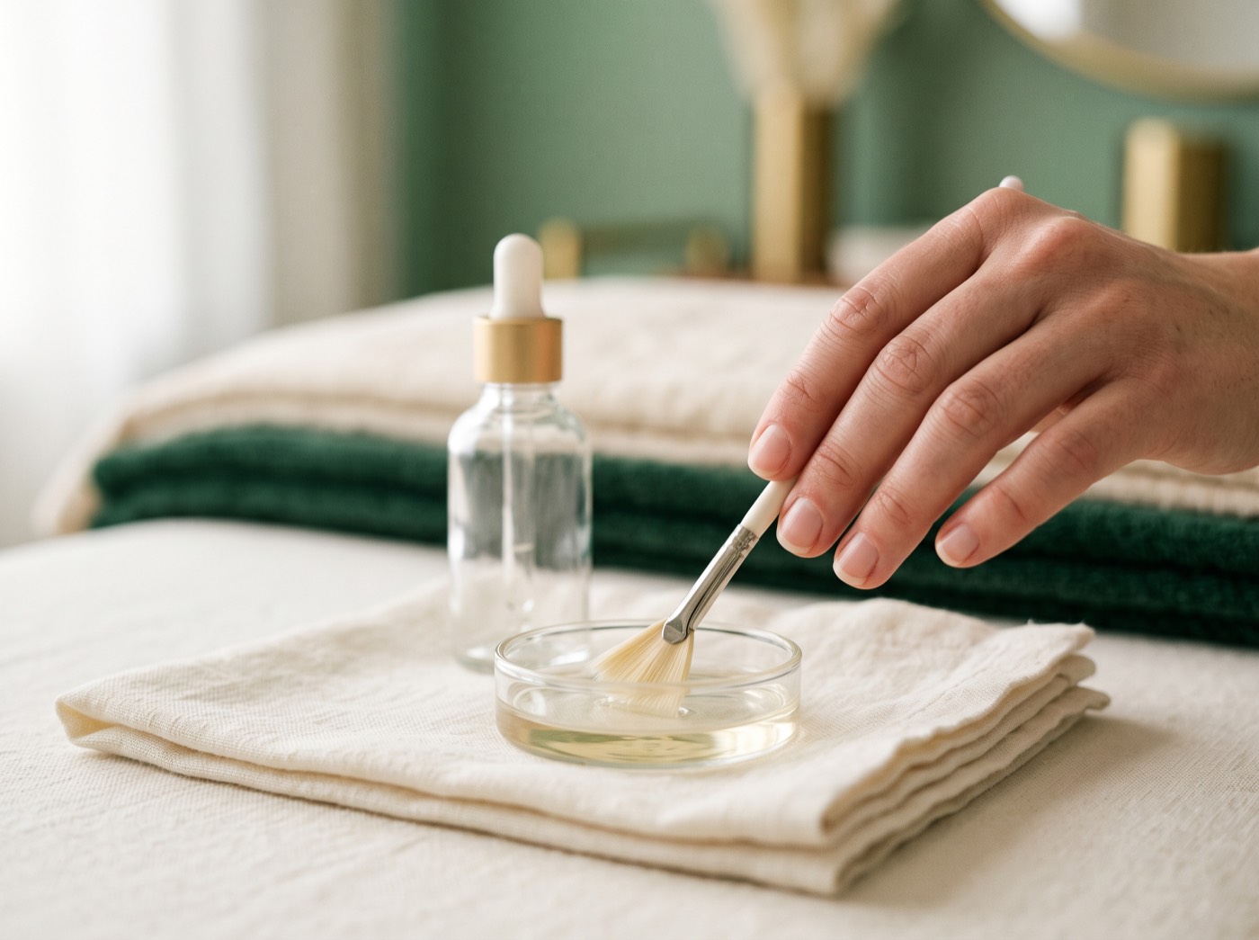 Pincel e solução de peeling sendo preparados