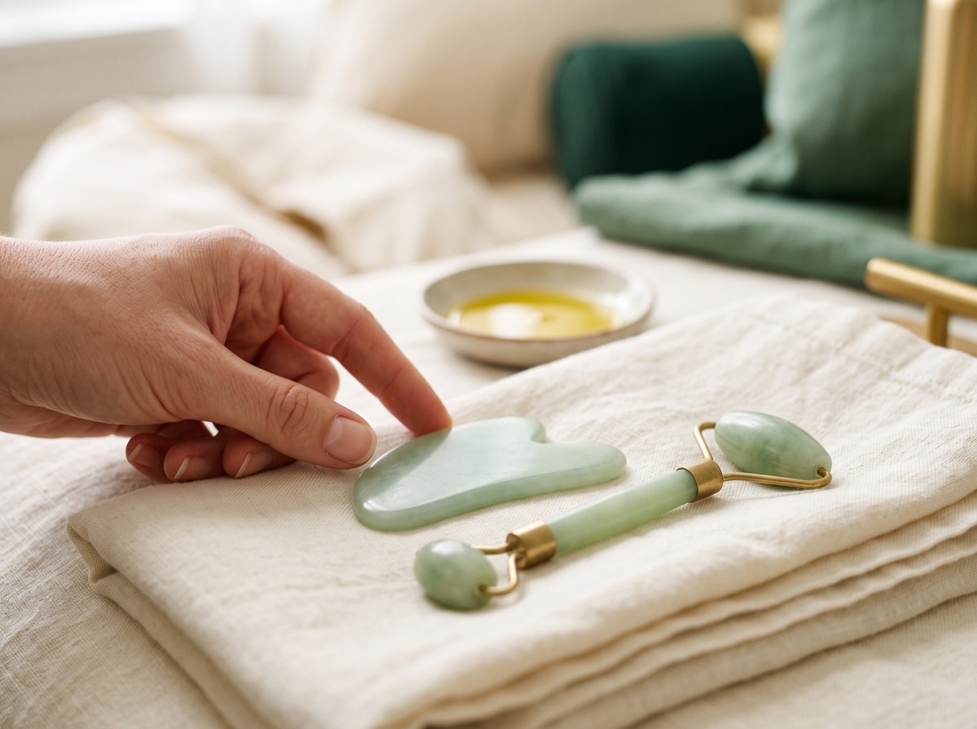 Gua sha e rolo de jade sobre linho, prontos para a massagem facial