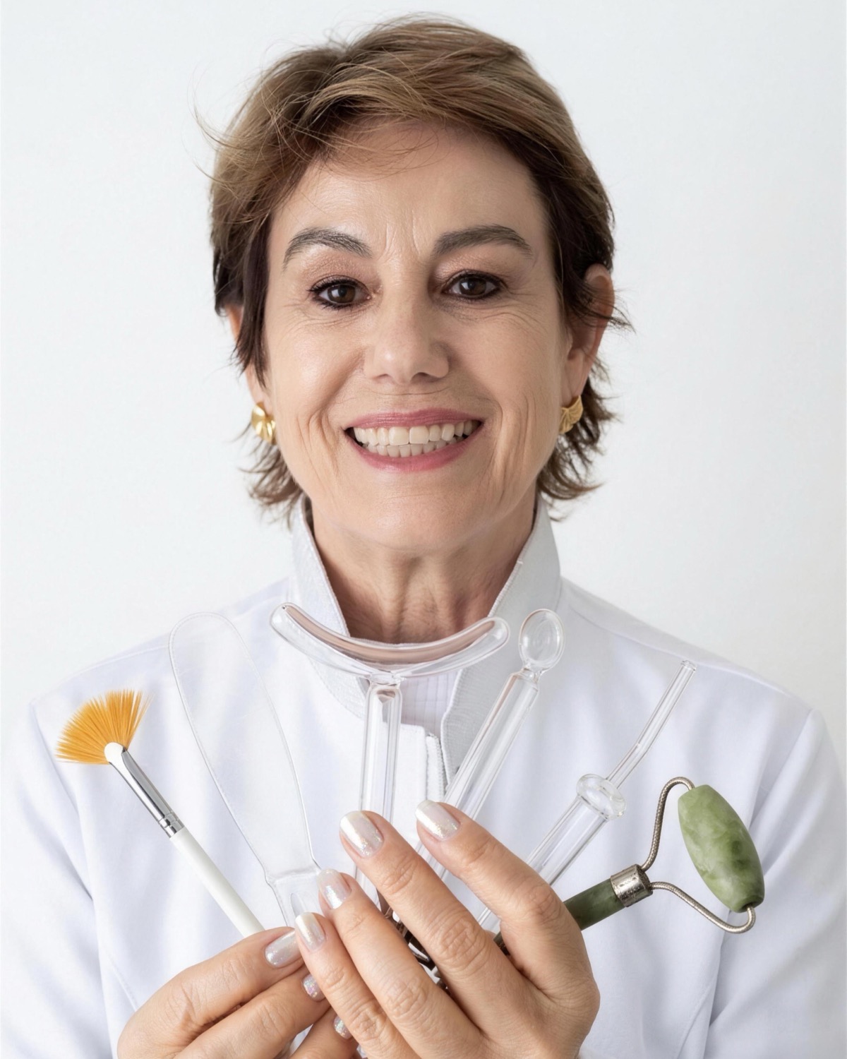 Cléia Rezende, esteticista, segurando pincel, espátula e rolo de jade