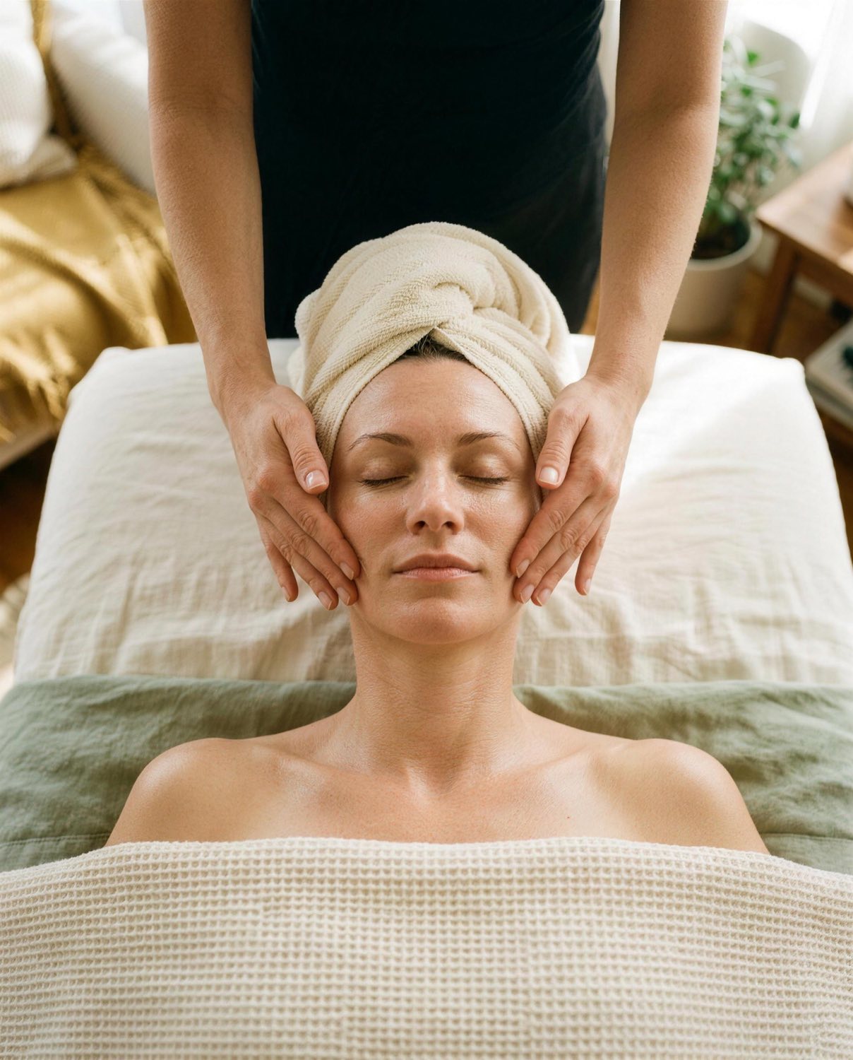 Massagem facial sendo realizada, vista de cima