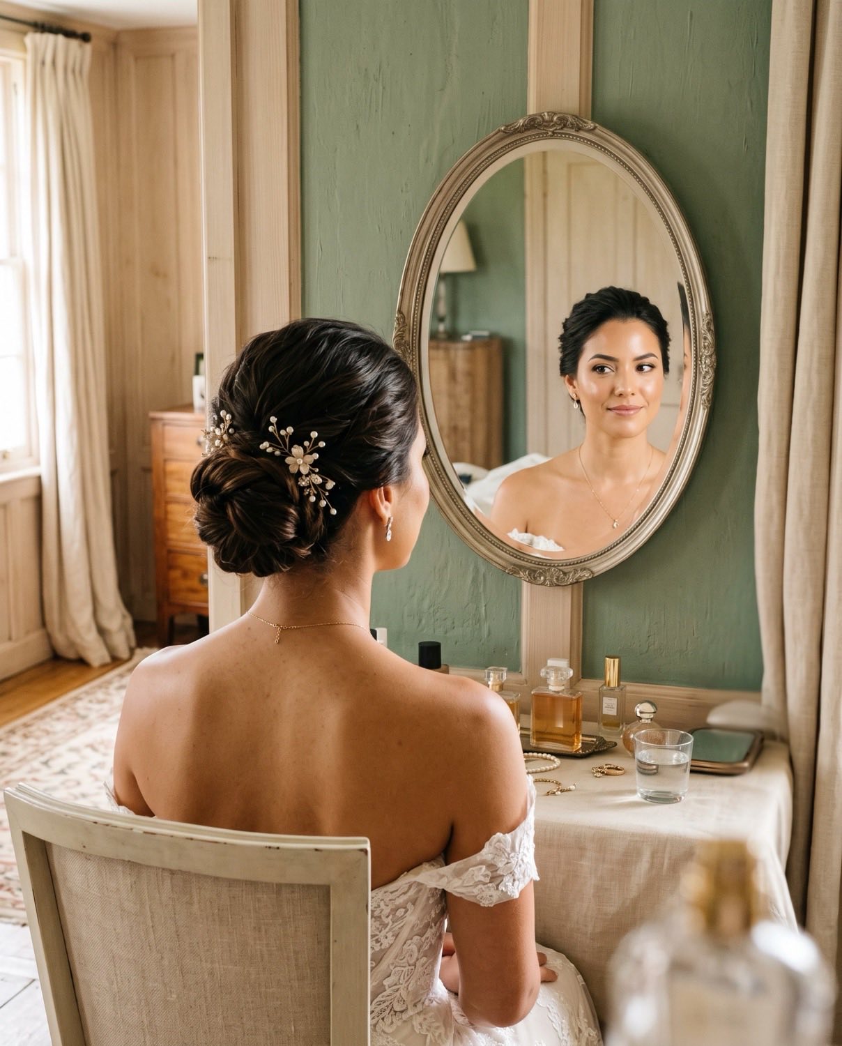 Noiva com penteado e maquiagem prontos, diante do espelho